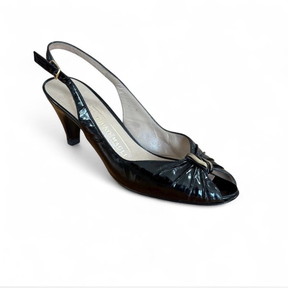 Vintage Designer Bruno Magli Glossy Black Peep-Toe Sling-Back Kitten Heels - Picture 1 of 5